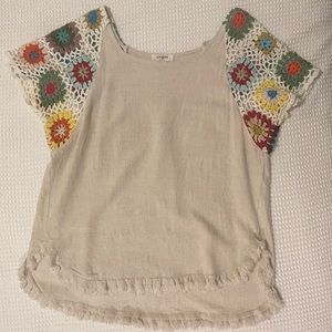 Umgee small Crochet Sleeve Top Oatmeal Short Sleeve boho beach shirt